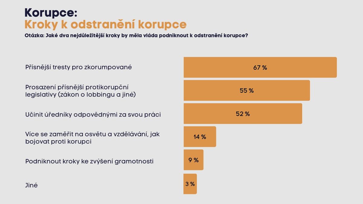 Průzkum: Většina Čechů chce přísnější tresty za korupci